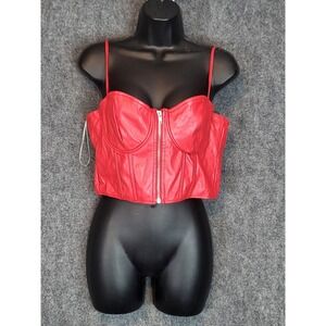 Red Faux Leather Bustier Crop Top Sleeveless Full Zip Corset Style Sexy Clubwear